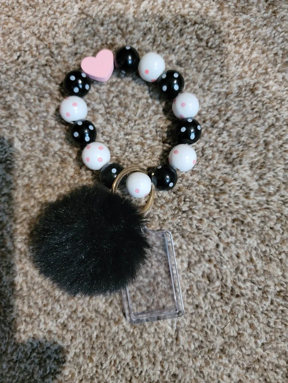 Kids Pink and Black Beaded Pom-Pom Keychain Bracelet